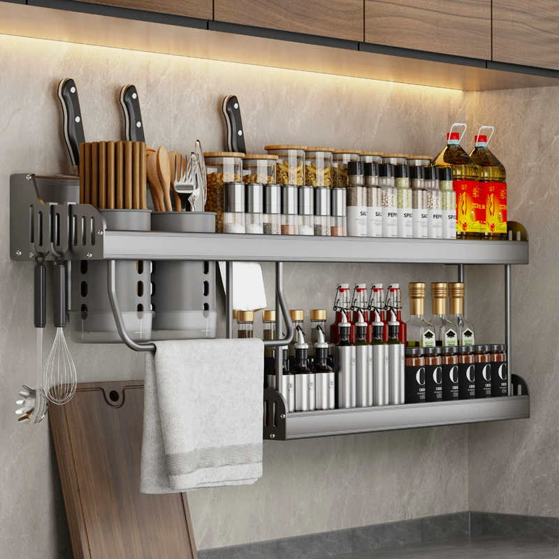 Wall-Mounted Kitchen Storage Rack, Multi-Length 39–79 cm, 4 Hooks & Chopstick Holders