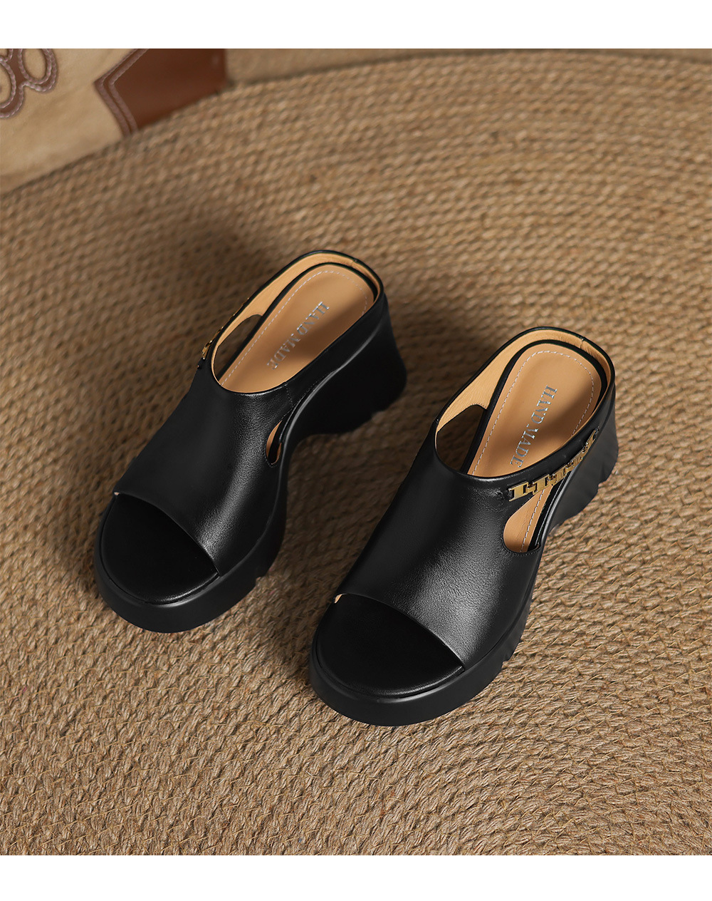 Dép sandal quai ngang nữ đế xuồng da bò mũi vuông hở mũi gót dày — đen chi tiết 16
