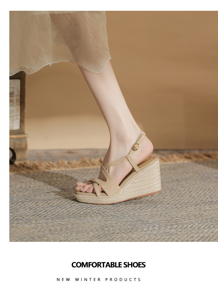 Sandal cao gót nữ hở mũi đế xuồng bọc dây thừng MJ90111 — màu đen chi tiết 9