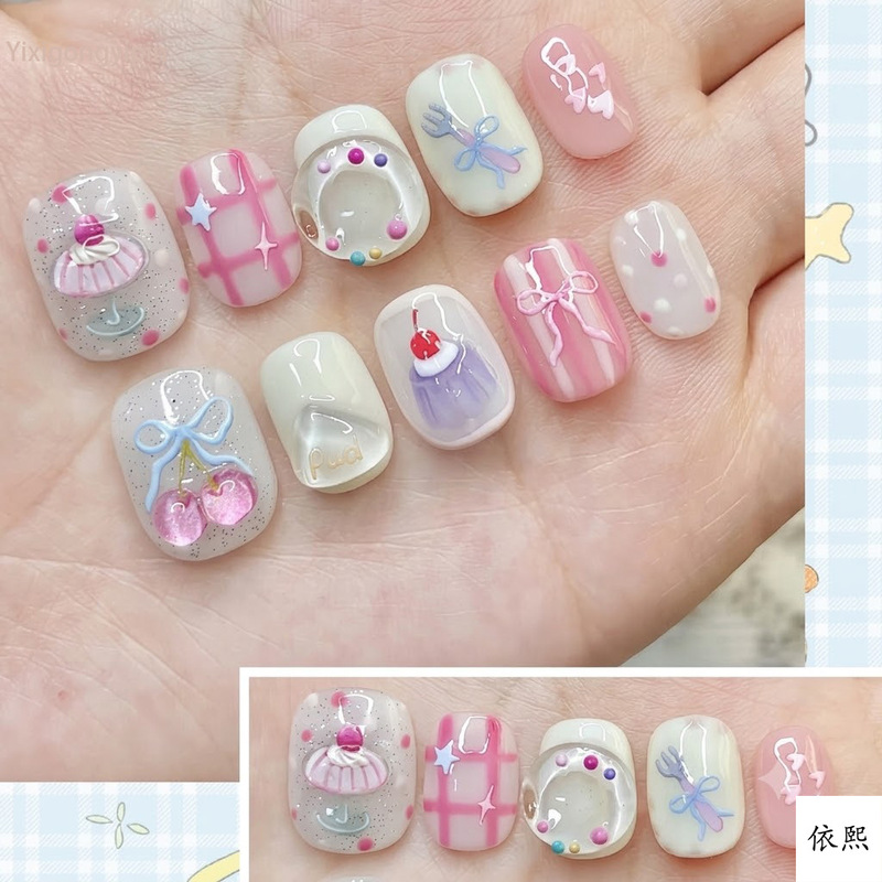Cross-Border Cute Cartoon Cake Summer Fresh Ice Jelly Macaron Color Wearable Nails Sweet Cool Nail Art Nail Pieces