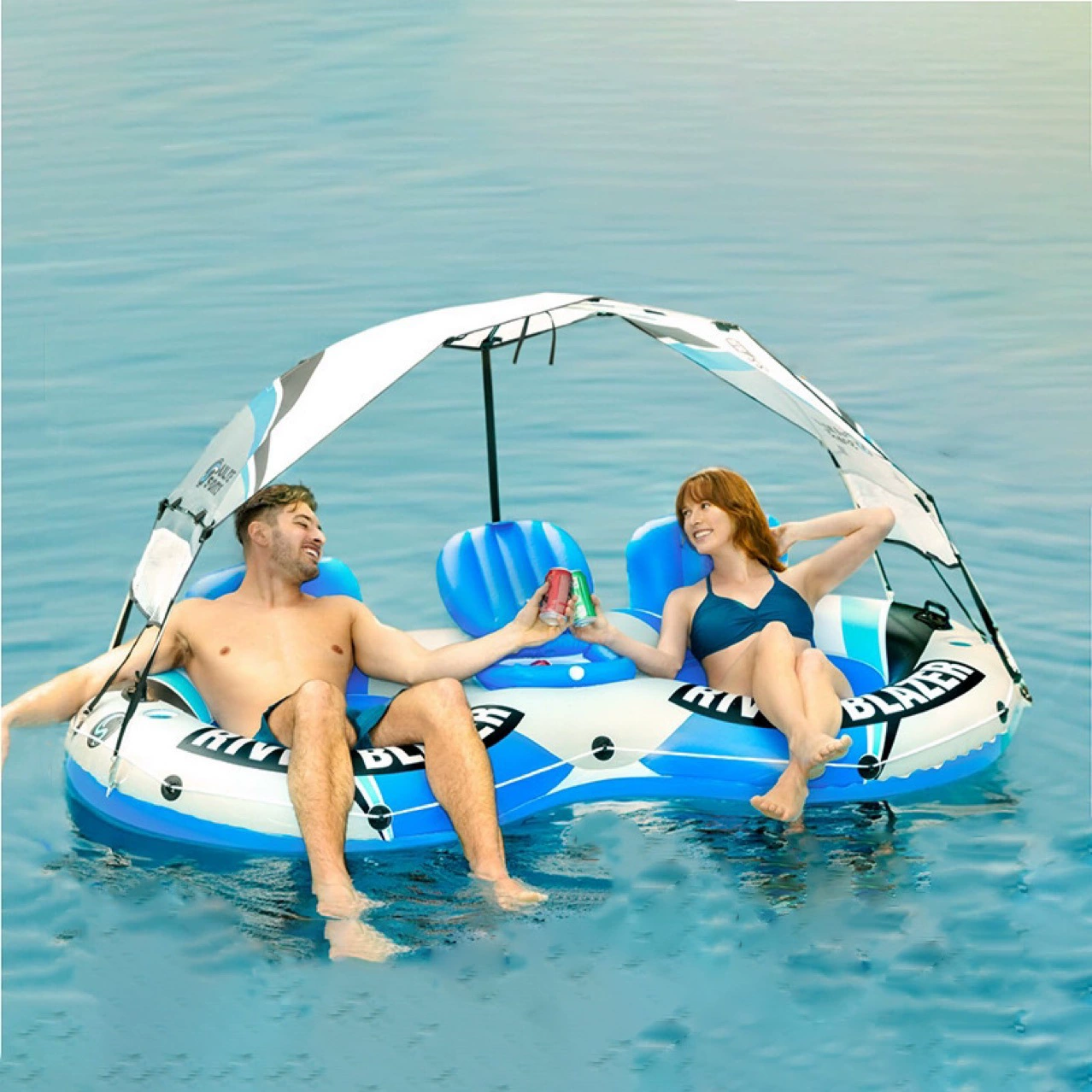 Трансграничный новый водный надувной двойной круг затенения сиденья плавающий ряд черный бассейн квадратный плавающий с ледяным ведром плавающая кровать