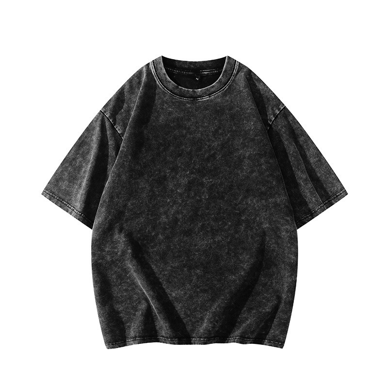 Heavy Pure Cotton solid color distressed washed gray T-shirt women's short-sleeved summer loose round neck trendy top men's 26088