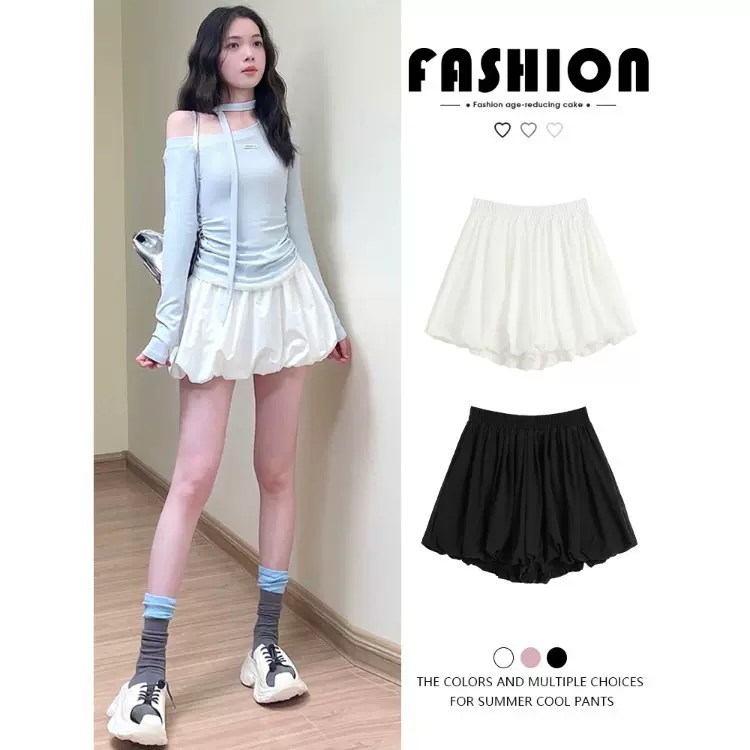 白色花苞短裤女夏季25新款高腰宽松休闲小个子阔腿半身裙高腰显瘦