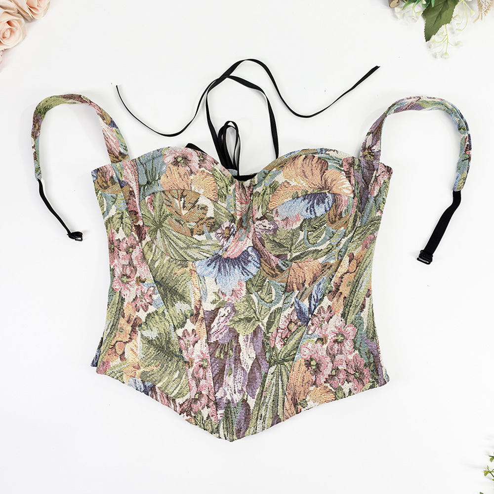 New Chinese-Style Lavender Tie-Up Shapewear Top with Straps, Padded Bust, Off-Shoulder, Beautiful Back, Waist-Cinching, Fishbone Corset