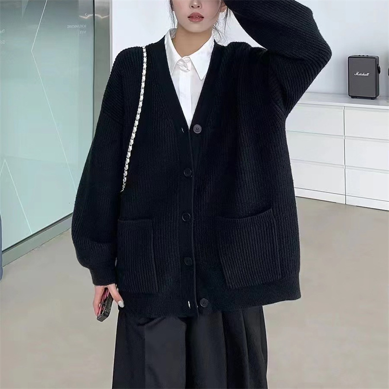 大版宽松慵懒风V领中长款针织开衫女秋冬韩版纯色百搭外套毛衣|undefined