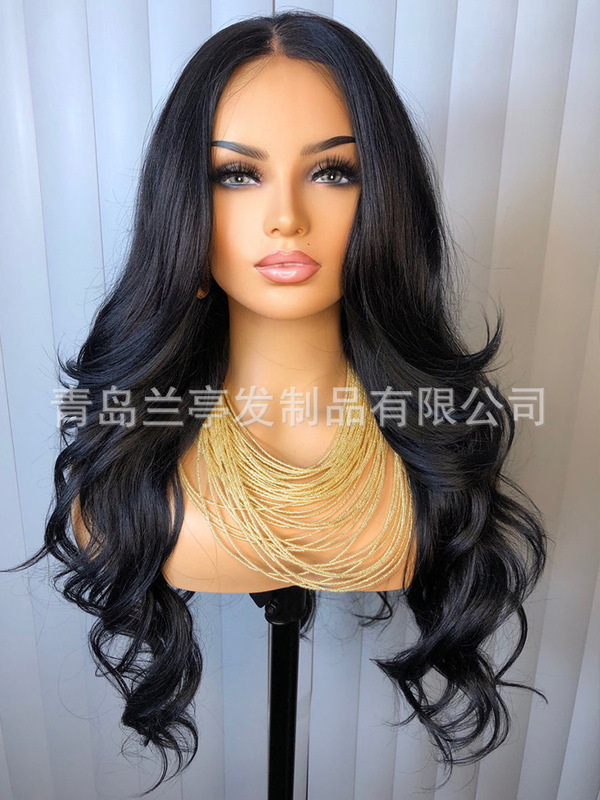 European and American wig women's black full front lace wig African wig Wigs big wave long curly hair chemical fiber head cover