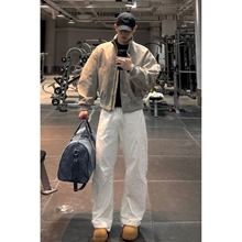 美式夹克复古扎染皮衣外套男秋冬款潮牌拼接设计飞行员短款棒球服