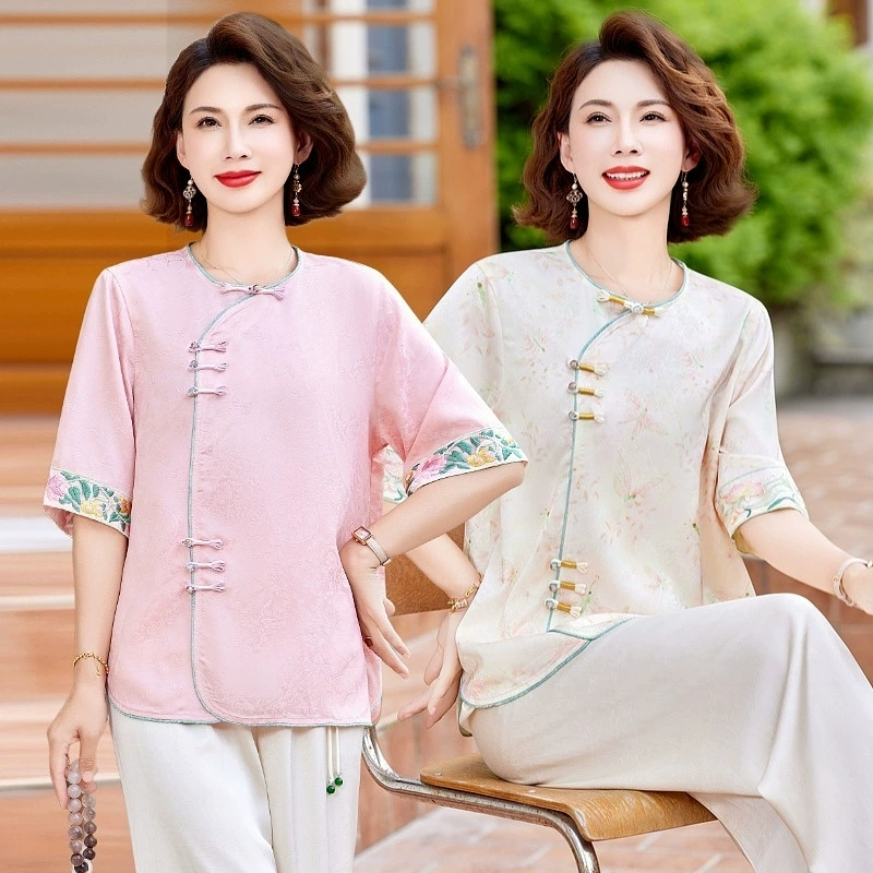 Новая летняя модная блузка в китайском стиле для мам, женская летняя рубашка на пуговицах в национальном стиле среднего возраста, женская рубашка среднего возраста