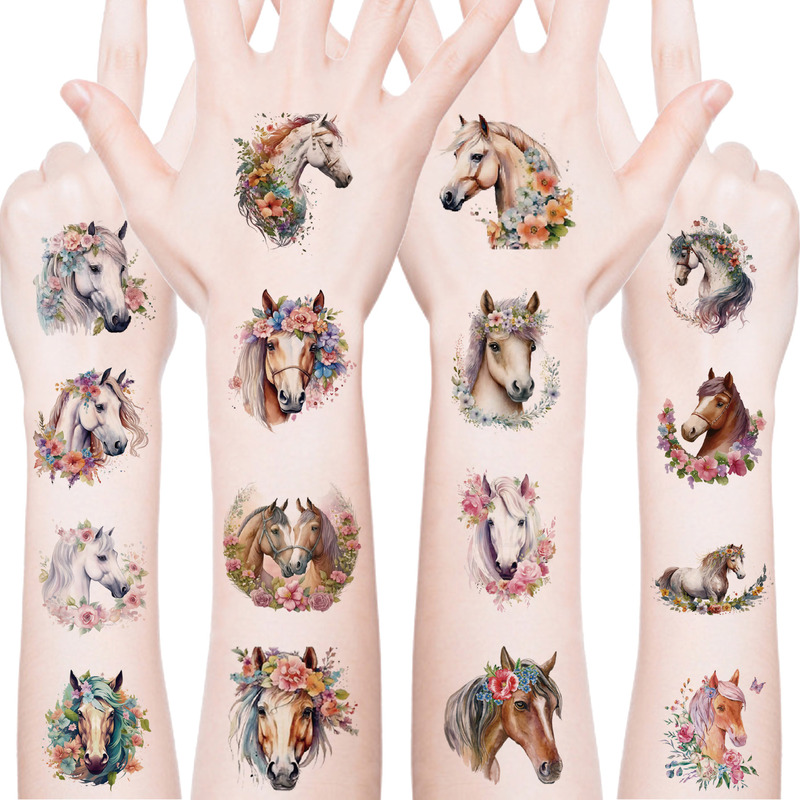 Cross-Border New Children's Horse Tattoo Stickers, Cute Cartoon Animal Pony Temporary Realistic Arm Tattoo Stickers