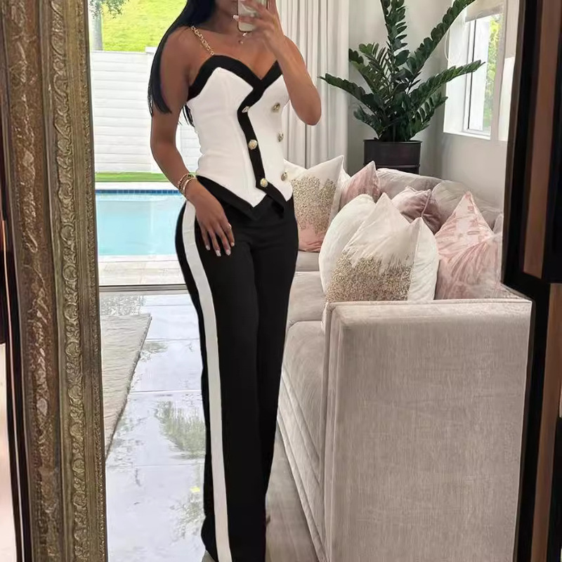European and American Amazon 2024 New Fashion suit Women's Slim-fit Slim-fit Contrast Color Double-breasted Sling and Straight Pants