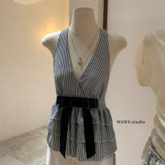 WGWE夏季女韩系纯欲风条纹多层荷叶边蝴蝶结挂脖V领上衣小衫W6564