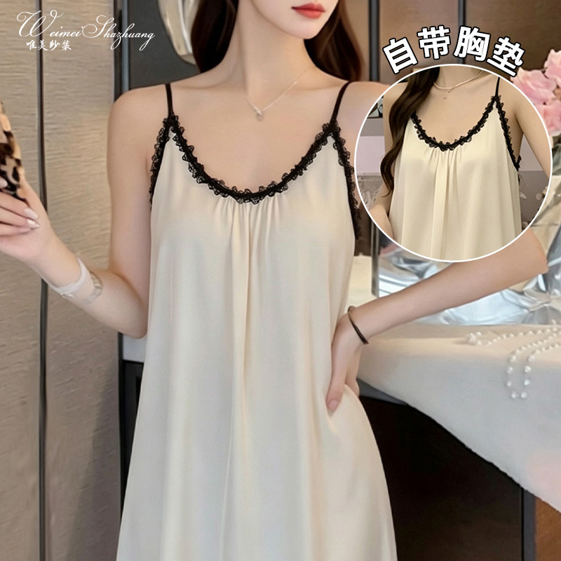 New silky satin camisole nightgown, sexy backless design with tie details, women's loungewear with built-in bra and lace trim