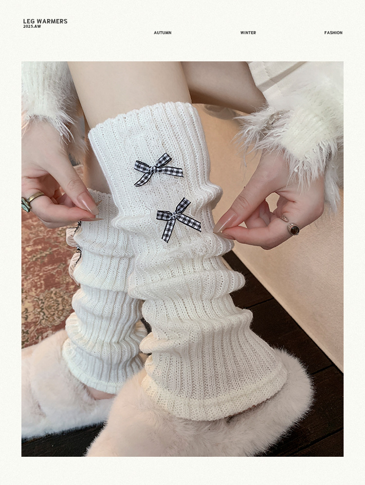 Scaldamuscoli Bootshang Calzini di cotone per donna Stile balletto Calzini di lana lavorati a maglia con fiocco Coprigambe bianchi per polpacci Lolita autunnali e invernali_voghion.com