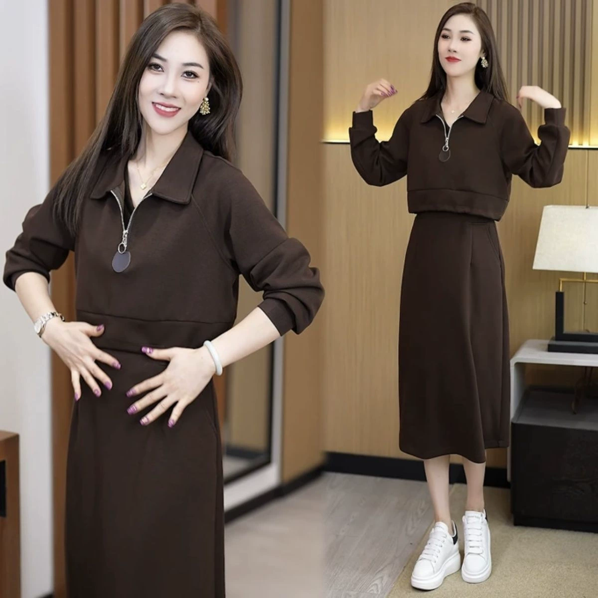 Трансграничная 2024 весна и осень новый иностранный темперамент тонкий, лацканный топ, юбка-юбка из двух частей