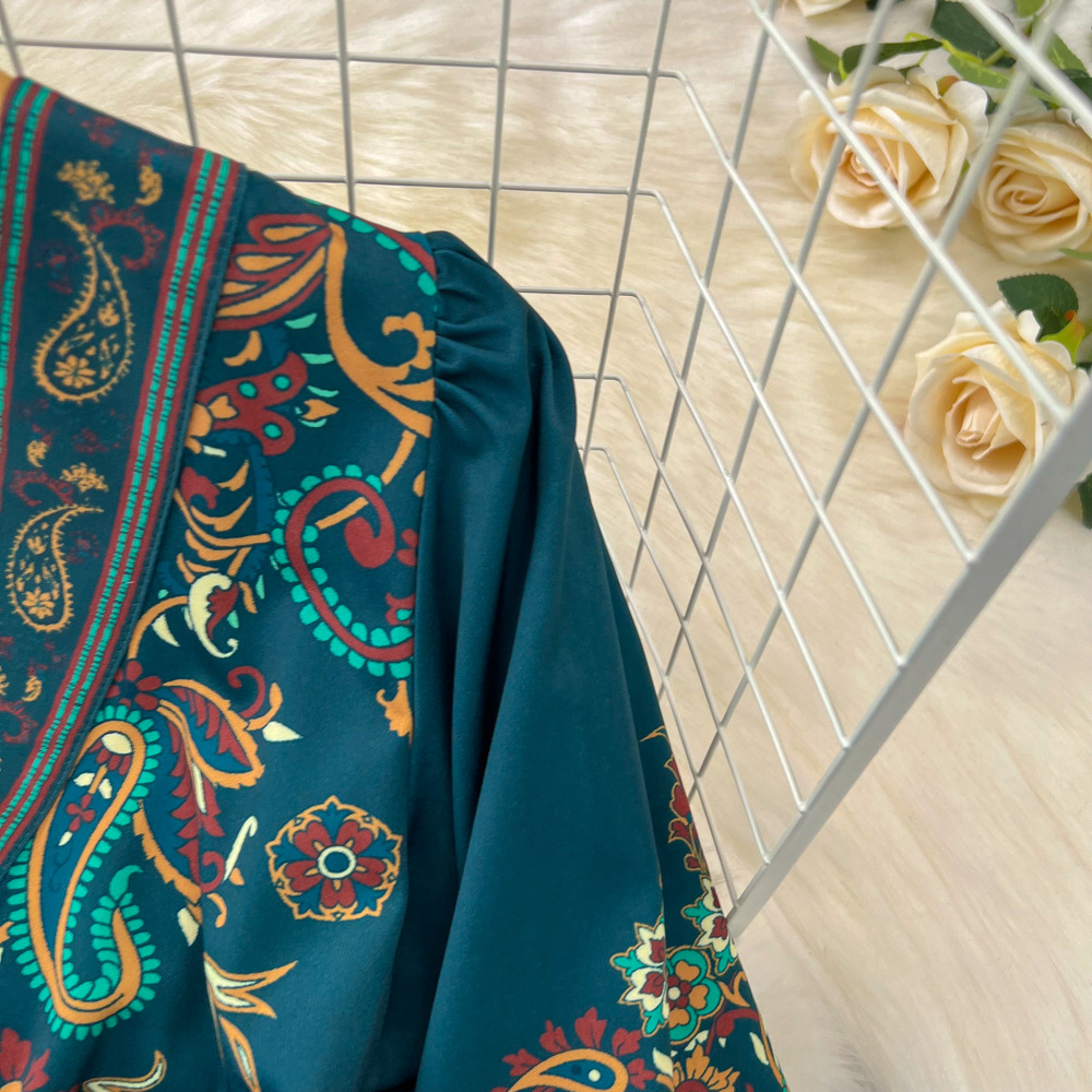 Retro Court Style Lantern Dress Long Sleeved V Neck Belted a Line Printed Elegant Full Skirt for Women_ecoleips.com