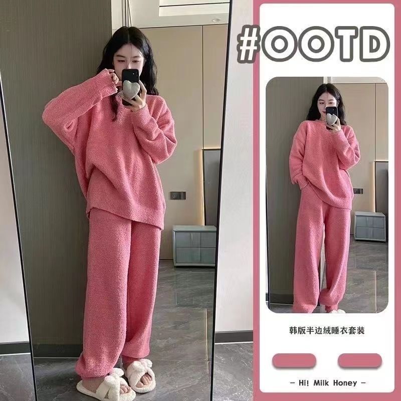 Korean Style Wearable Autumn and Winter Pink High-End Coral Velvet Pajamas for Women Warm Fleece-Lined Suit Round Neck Home Clothes