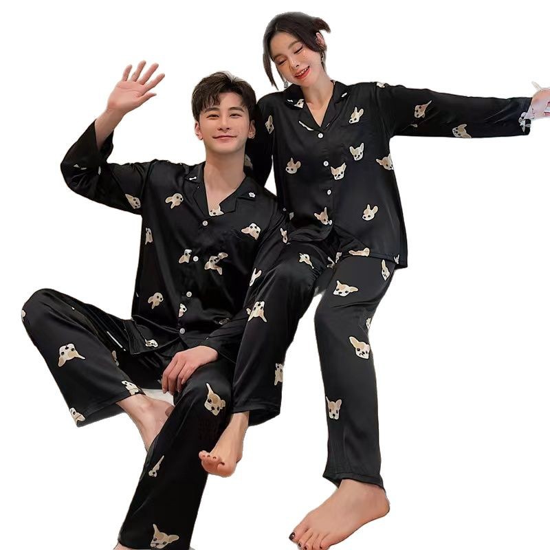 Pajamas de pareja primavera y otoño de mujeres de manga larga seda delgada japonesa inns perrito hombre imitación de seda ropa para el hogar verano