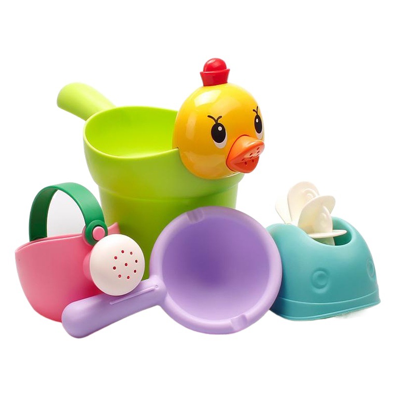 Agua de baño de los niños de pato amarillo transfronterizo 4 piezas ducha agua bebé hervidor traje de goma suave playa Cubo de juguete