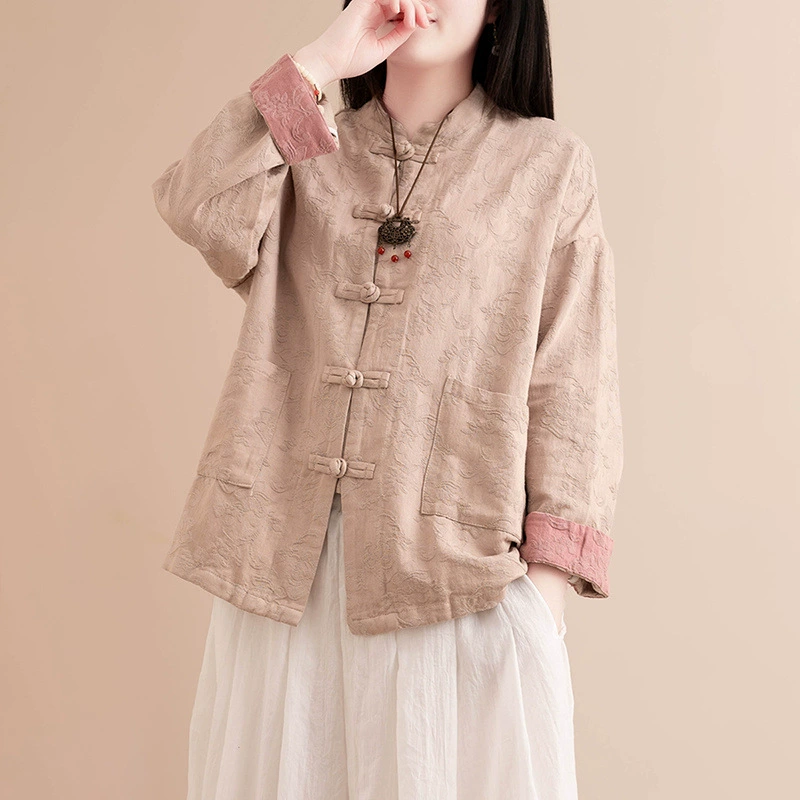 Китайский стиль хлопчатобумажный льняный блузка женский китайский стиль ретро литературный кардиган воротник с длинными рукавами хлопчатобумажная рубашка куртка