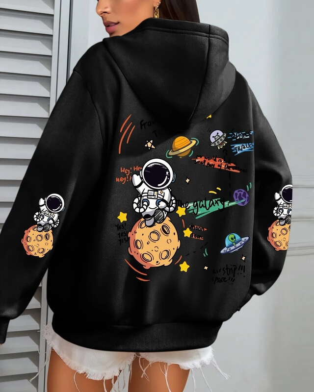 Galaxy Astronaut Letter Print Women's Hoodie Autumn Loose Casual Pocket Fleece Pullover