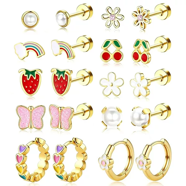 New European and American Style Stainless Steel Strawberry Heart Rainbow Flower Butterfly Flat Back Threaded Ear Bone Stud Earring Set