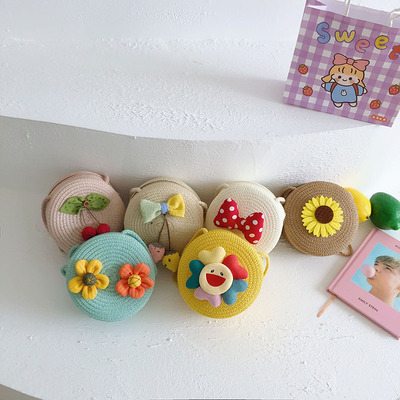 2021新款兒童包包草編單肩斜跨背包迷妳潮流時尚花朵零錢包
