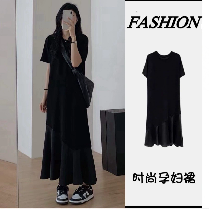 2024 летний новый корейский выпуск свободного тонкого ацетата листьев лотоса подол медный аммиак рыбий хвост маленькое черное платье