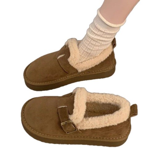 Winter New Women's Thick-Heeled Birkenstock Shoes with Fleece Lining, Non-Slip, Warm and Cozy Plush Cotton Shoes