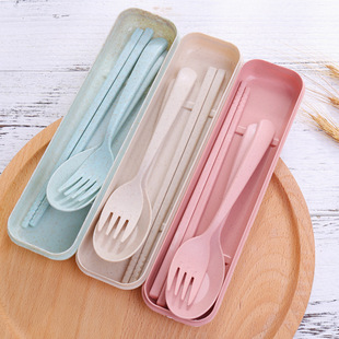 Wheat Straw Tableware Fork, Spoon, and Chopstick Three-Piece Set Nordic Color Children's Outdoor Travel Picnic Portable Tableware Set