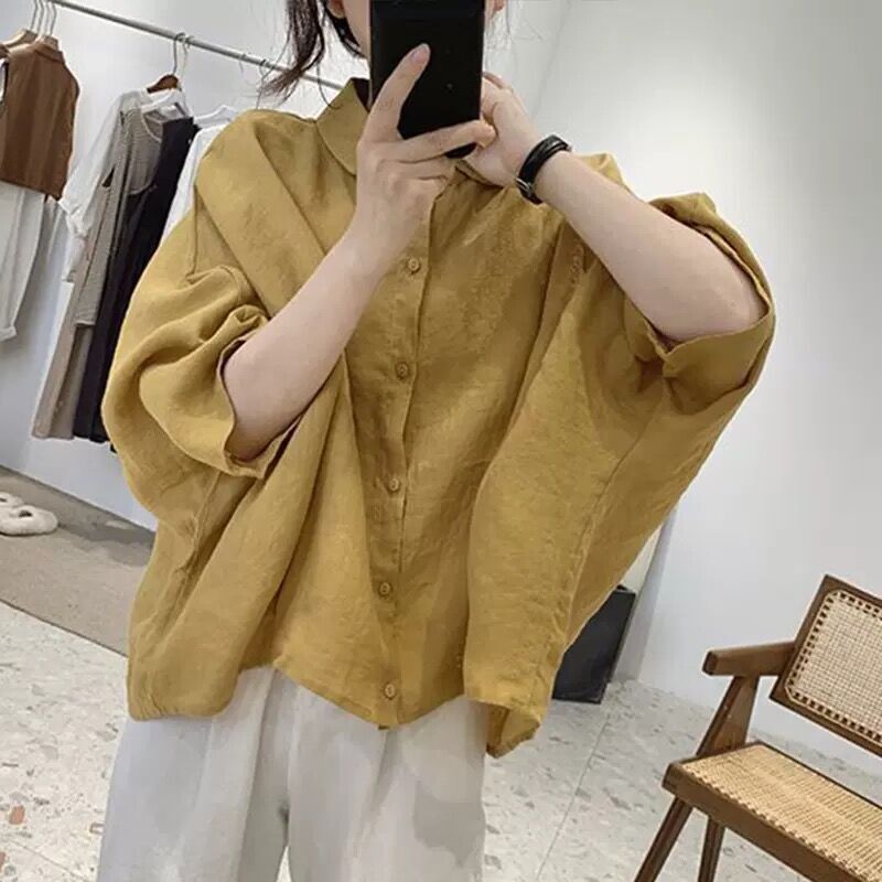 Cotton and Linen Shirts for Women, New Summer Retro Design, Loose Slim Shirts, Three-Quarter Sleeve Thin Tops