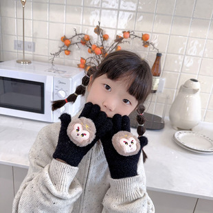 Autumn and Winter Kidsren's Gloves Cute Little Monkey Boys and Girls Thickeneded and Warm Baby Pure Color Windproof Five-Finger Knitted Gloves