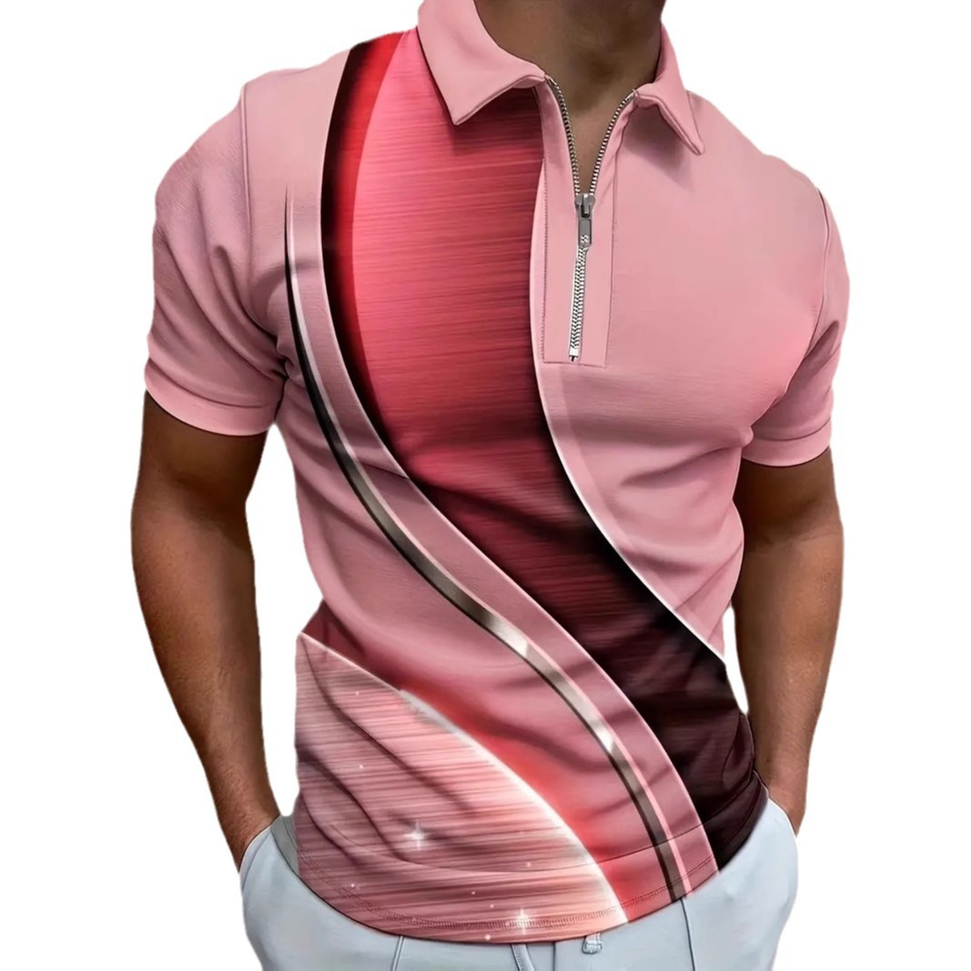 Ropa de hombre europea y americana AliExpress hombres de negocios transfronterizos sueltos de manga corta cremallera camisa POLO tecnología geométrica impresión 3D