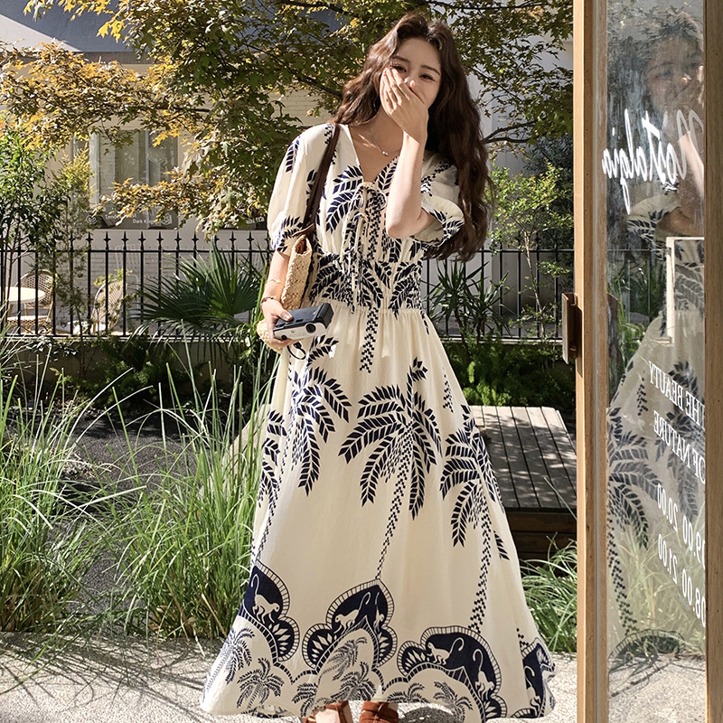 Real Shot of Tall Ethnic Style Dress 2025 New Summer Korean Style Wear Extra Long Ankle-Length Printed Skirt