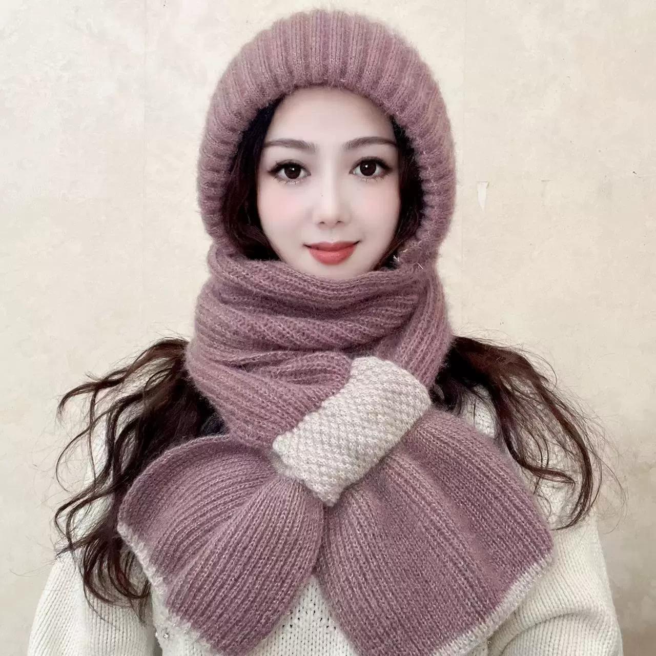 К knitted universal scarf with hood, woolen knitted hat
