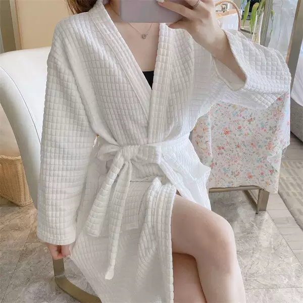 Spring and Autumn New Style Women's Loose Waffle Robe, Large Size Long-Sleeve Loungewear, Men's Hotel Bathrobe, Couple's Pajamas for Summer