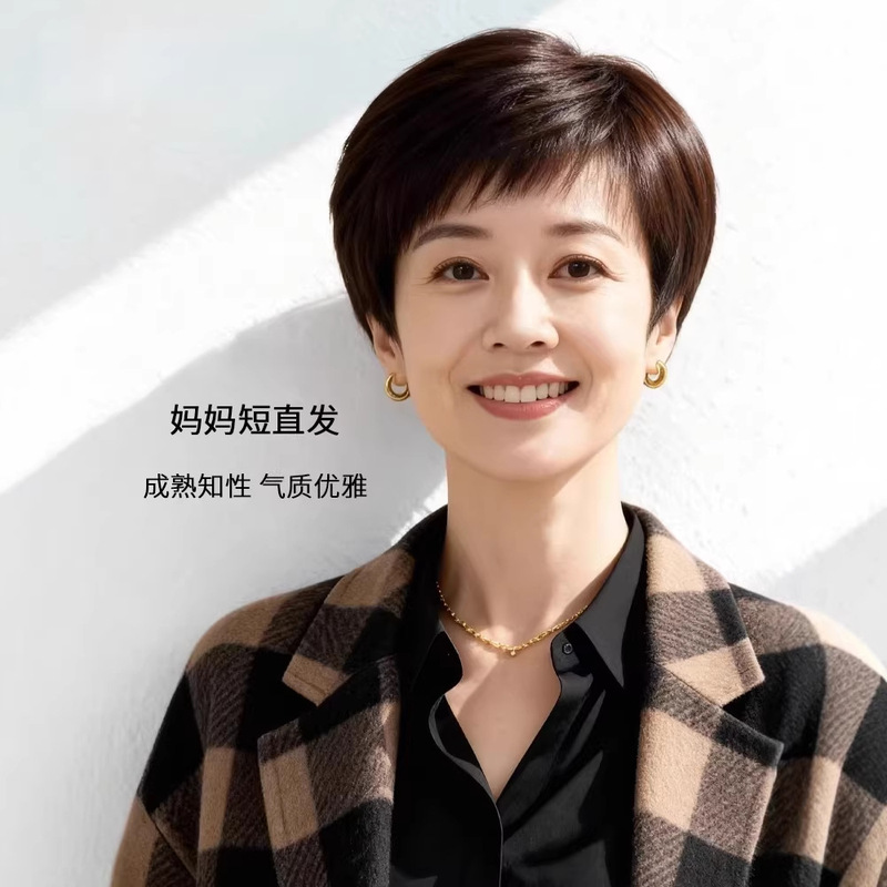 Full Head Wig for Women, Real Human Hair, Straight Short Hair for Middle-Aged and Elderly, Mom Style, Grandma Style, High-End Natural Real Hair Wig