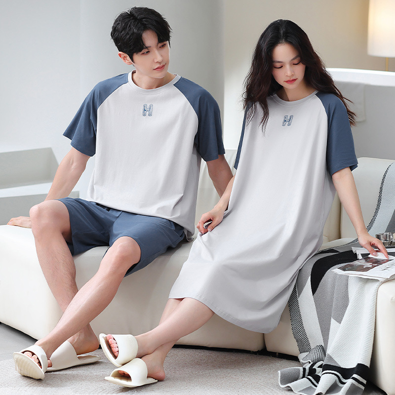 100% Cotton Couple's Pajamas, Men's and Women's Long Nightgowns, Summer Thin Short-Sleeved Shorts, Round Neck Casual Loose Home Wear