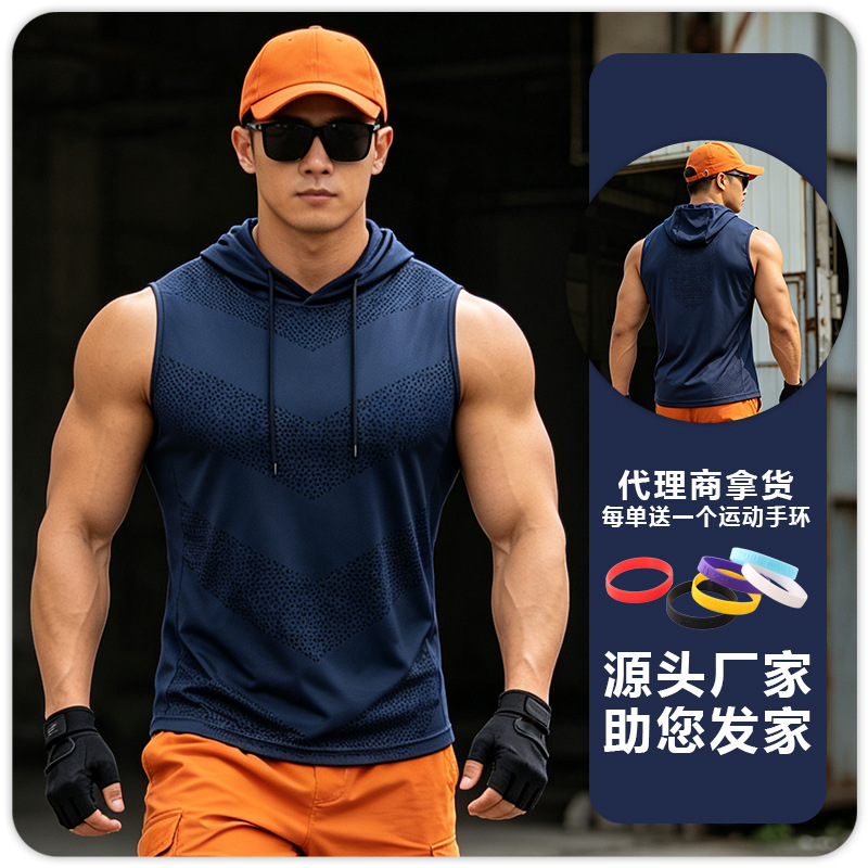 Chaleco deportivo para hombre, chaleco de entrenamiento absorbente de sudor de secado rápido, camiseta sin mangas con capucha de talla grande, camiseta para correr maratón