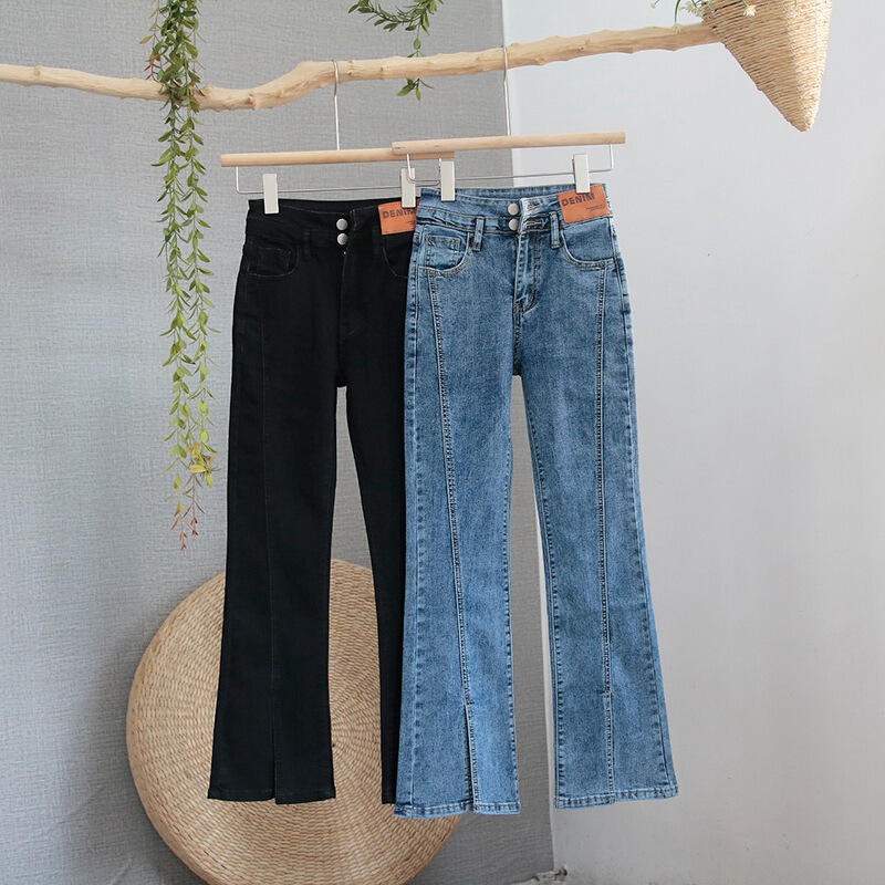 Split Denim skinny pants small high waist straight slim double buckle elastic design leather brand horseshoe flared pants Split Denim skinny pants small high waist straight slim double buckle elastic design leather brand horseshoe flared pants