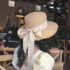 Flat-topped bandana raffia casual hat for Instagram influencers, with bow detail, fringed edges, women's summer vacation beach wide-brimmed sun hat