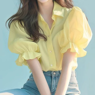 上衣减龄时尚气质夏款法式小衫黄色衬衫短袖泡泡女