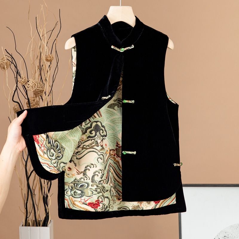 Chinese Style National Style Velvet Vest 2022 Autumn and Winter New Style Vertical Collar Buckle All-match Outer Split Vest for Women