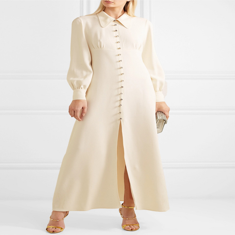 Spring and Summer Shirt Collar Long Sleeve Breathable Cool Crystal Buckle Decorative Lined Bohemian dress Women