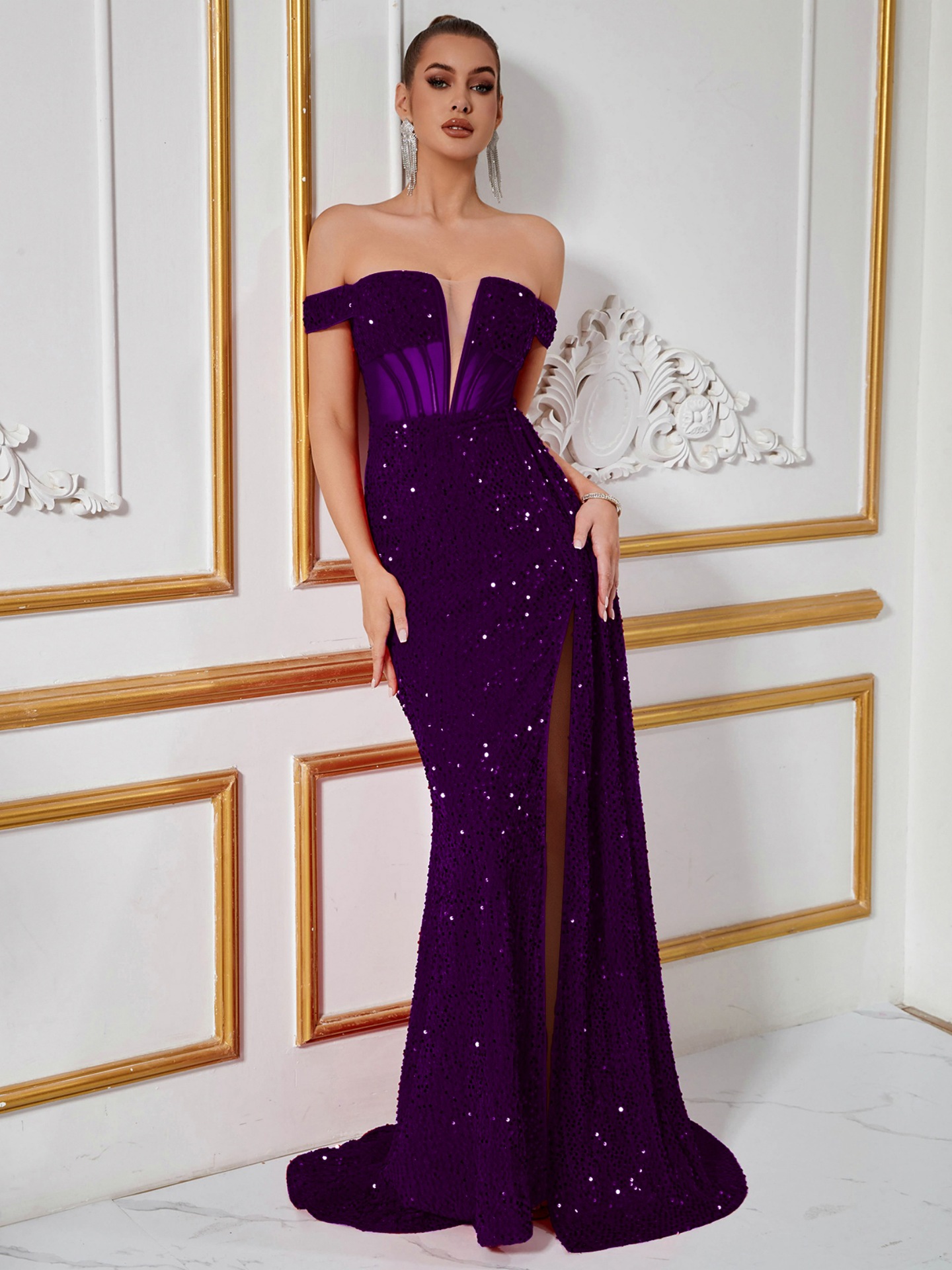 Comercio exterior europeo y americano temperamento de lentejuelas viajero color sólido vestido de cuello de una línea temperamento cintura sexy vestido de noche de banquete