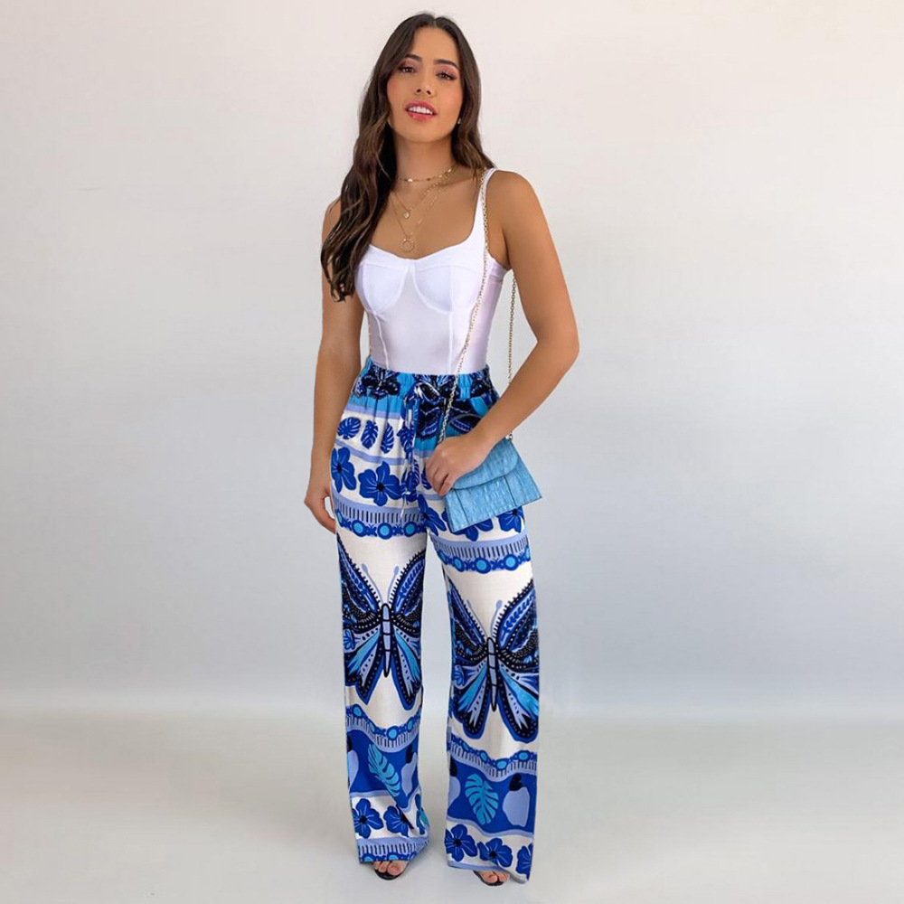 summer high waist wide leg print straight beach trousers NSHYG118518