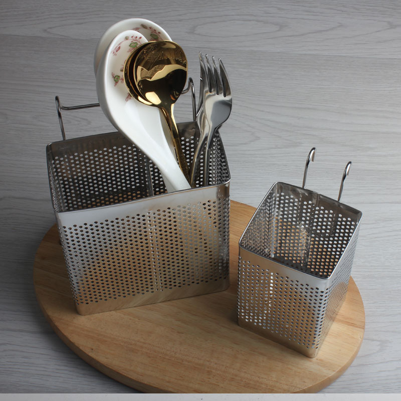 GJU8 punched stainless steel chopstick cage chopstick tube double tube double grid drain multi-function chopstick rack kitchen chopstick tube