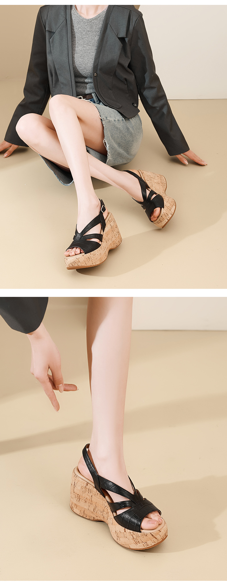Sandal cao gót nữ hở mũi đế xuồng platform 10cm phong cách La Mã — màu đen, màu trắng ngà chi tiết 7