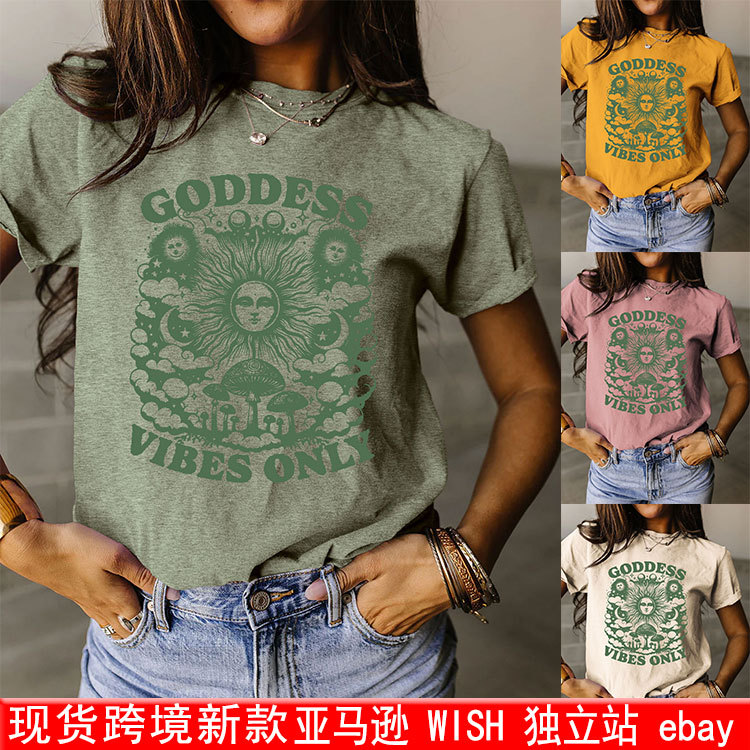 外贸现货欧美goddess vibes onl字母蘑菇女装亚马逊圆领短袖T恤