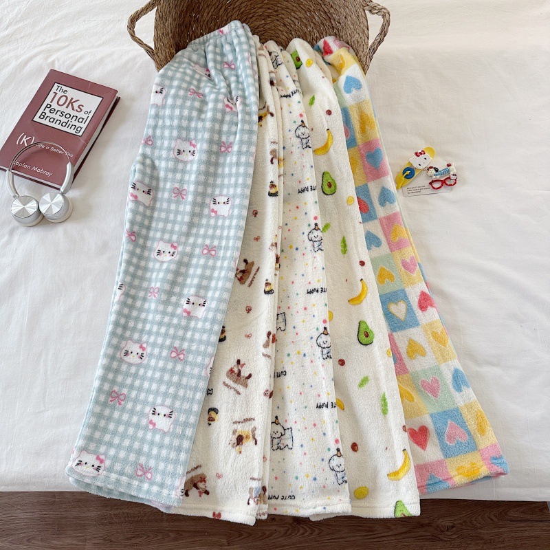 Invierno nuevo pantalones cálidos de franela estilo de caricatura coreano para mujeres más grueso y terciopelo cálido para el hogar pijamas de lana se pueden usar fuera