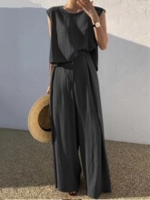 Q 35378 Linen Loose Sleeves Top Wide Leg Pants Set �����